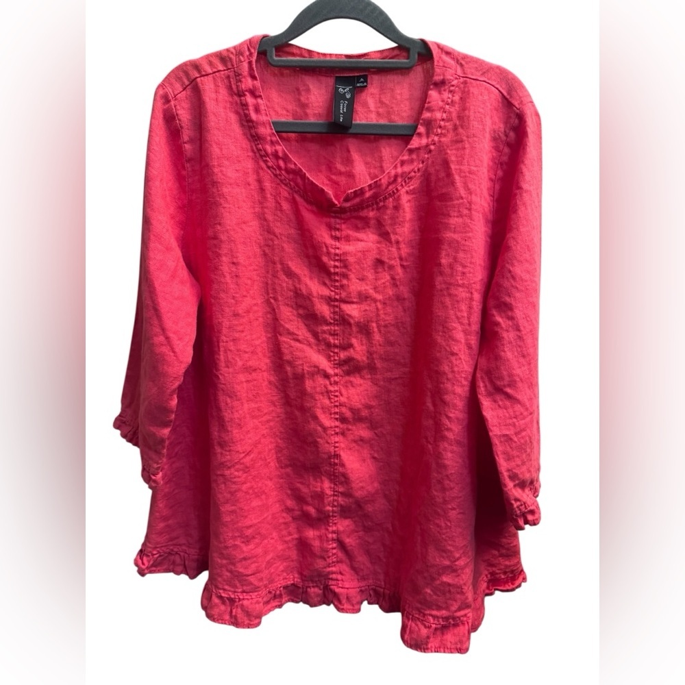 LINEN FOCUS CASUAL LIFE Coral Women's Short Sleeve Shirt V Neck Ruffle SZ M EUC